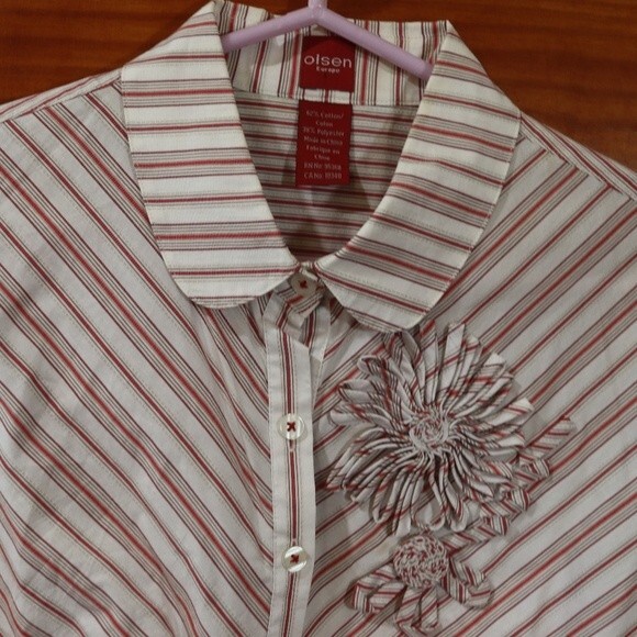 Olsen Europe Red White Striped Button Down Blouse Shirt Cotton Blend Size 12 - Picture 3 of 11